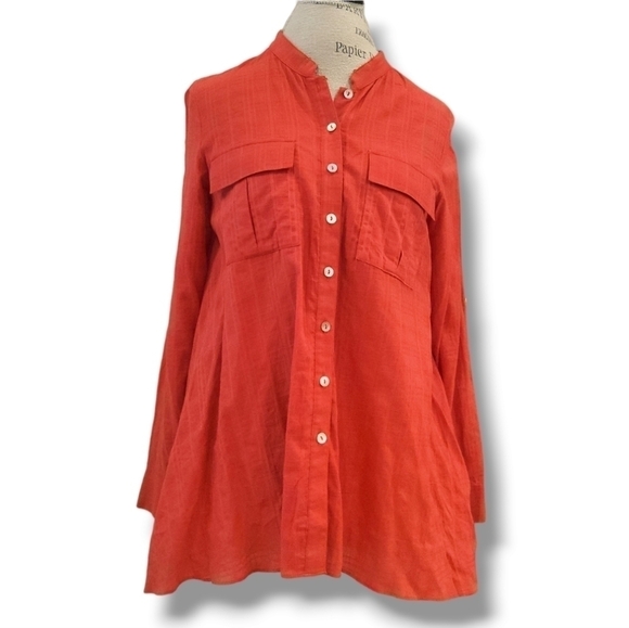Anthropologie Fei Orange Textured Long-Sleeve Button-Down Tunic Top - Size XS - Picture 1 of 9